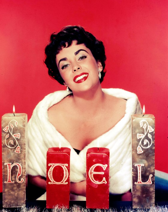 Circa 1960. Vintage colour transparency. Cinema: A Christmas portrait of the American actress Elizabeth Taylor.