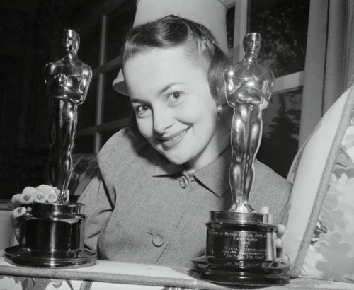 Portrait of Actress Olivia De Haviland her Two Oscars