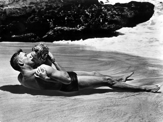 Burt Lancaster and Deborah Kerr, shown here in a famous scene still from the 1953 Academy Award®-winning film "From Here to Eternity," both received Oscar® nominations for their roles in the film.  Lancaster was nominated in the Best Actor category for his portrayal of Sgt. Milton Warden while Kerr received a Best Actress nomination for her role of "Karen Holmes." The film received 13 nominations in total and won eight Oscars® including Best Picture. Restored by Nick & jane for Dr. Macro's High Quality Movie Scans Website: http:www.doctormacro.com. Enjoy!