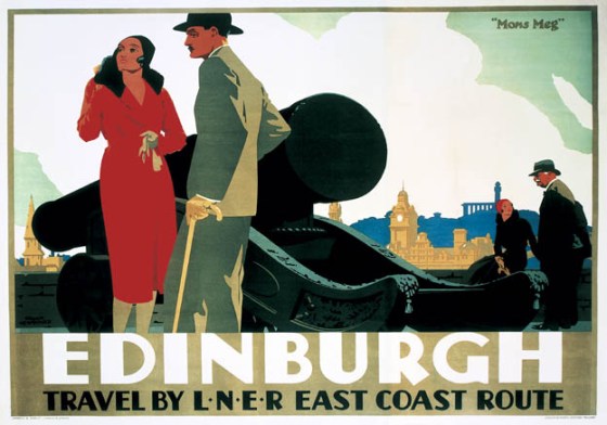 Leisure travel between London and Edinburgh has always been central to the image of the Flying Scotsman. In this London & North Eastern Railway poster of the 1930s, fashionable passengers enjoy the sights of the Scottish capital. The famous 14th-century 'Mons Meg' cannon stands outside Edinburgh castle. The buildings of the city are seen in the background. c 1935. Artist is Frank Newbould.
