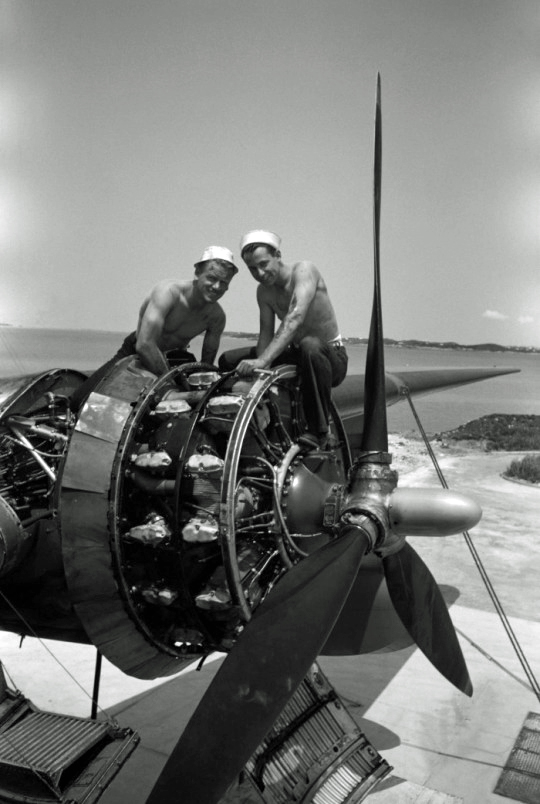 Archival still of two U.S. Navy sailors working on an engine during the North African campaign circa 1943, somewhere in the Mediterranean.  HISTORYs new series WWII in HD premieres Sunday, November 15th at 9pm ET.