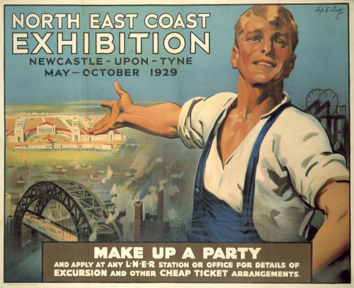 Poster produced for the London & North Eastern Railway (LNER) to promote rail services to the North East Coast Exhibition, held in Newcastle-upon-Tyne between May and October in 1929. The poster shows a male worker gesturing towards the buildings of the exhibition, which are seen beyond the Tyne Bridge, coalmining apparatus, and smoking chimneys, representing the traditional industries of the area. Artwork by Septimus E Scott (1879-1965) who studied at the Royal College of Art and also designed posters for London, Midland & Scottish Railway (LMS). Dimensions: 1050 mm x 1255 mm.