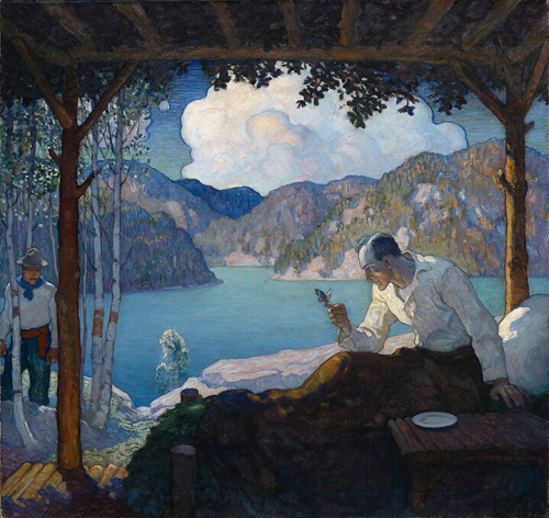 N C Wyeth - Man with butterfly receives a visitor
