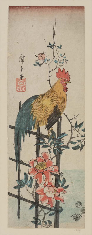 japanese-art-rooster-on-wild-rose-trellis-edo-period-1854-woodblock-print-by-utagawa-hiroshige