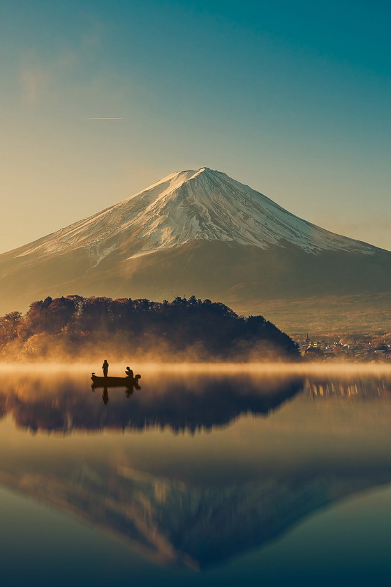 Mount fuji at Lake kawaguchiko,Sunrise , vintage