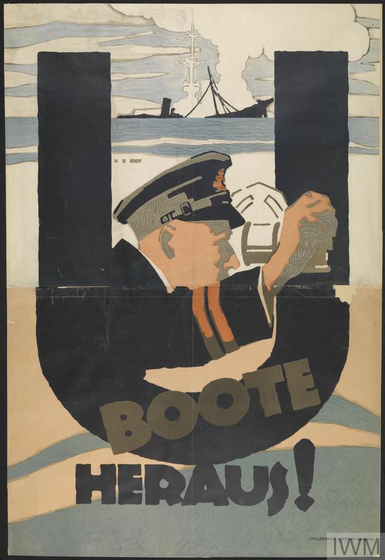 U Boote Heraus! [The U-boats Are Out!] (Art.IWM PST 0515) image: Within the shape of a large black letter U emerge the head and shoulders of a U-boat commander, identified by his cap and jacket, who peers into the sights of a periscope toward the right of the poster. Beneath and beyond the U shape are grey waves. On the horizon is the dark outline of a ship, broken in two and sinking, a cloud of white smoke rising from the wreck. Behind it can be tra... Copyright: © IWM. Original Source: http://www.iwm.org.uk/collections/item/object/8638