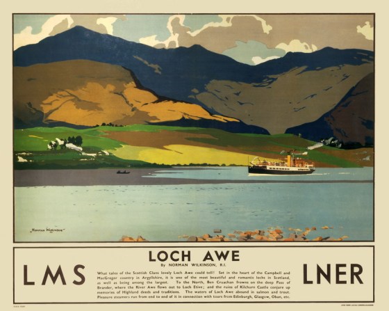 Poster produced for the London, Midland & Scottish Railway (LMS) and the London & North Eastern Railway (LNER), promoting rail travel to Loch Awe in Argyllshire. The image shows a small passenger steamer sailing on the loch, with mountains in the background. Artwork by Norman Wilkinson (1878-1971). Printed by John Horn Ltd, London & Glasgow. Dimensions: 1016mm x 1270mm.