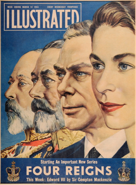 The cover of the "Illustrated" magazine featuring the "Four Reigns" of King Edward VII, King George V, King George VI and Queen Elizabeth II, dated 14th March 1953.   (Photo by Popperfoto/Getty Images)