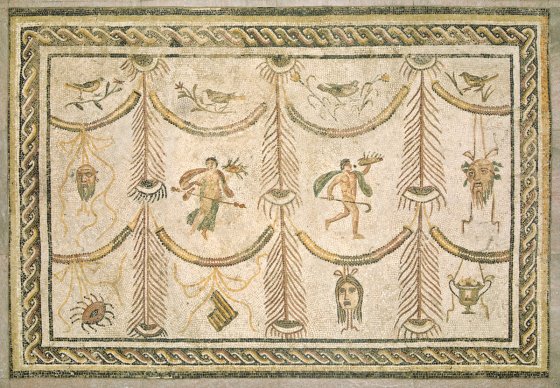 Roman 3rd Century, Symbols of Bacchus as God of Wine and the Theater, , c. 200/225 A.D., mosaic, marble, and glass, Given to the National Gallery of Art for the American People from the People of Tunisia