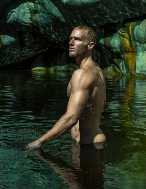Model Matt Hooper shirtless in pond water photographed by David Daigle at Hermit falls in Arcadia, CA 2016