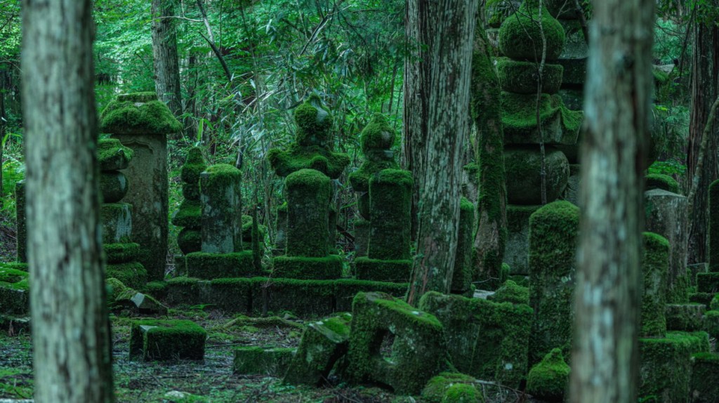 Ancient, moss covered graveyard in&nbsp;Japan